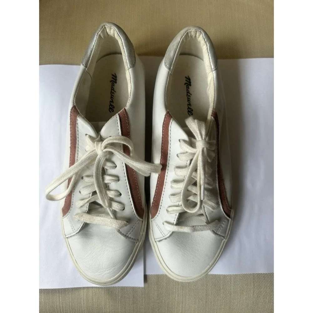 Madewell Sidewalk White Leather Sneakers Rose Suede Stripe Silver Size 8.5 M395